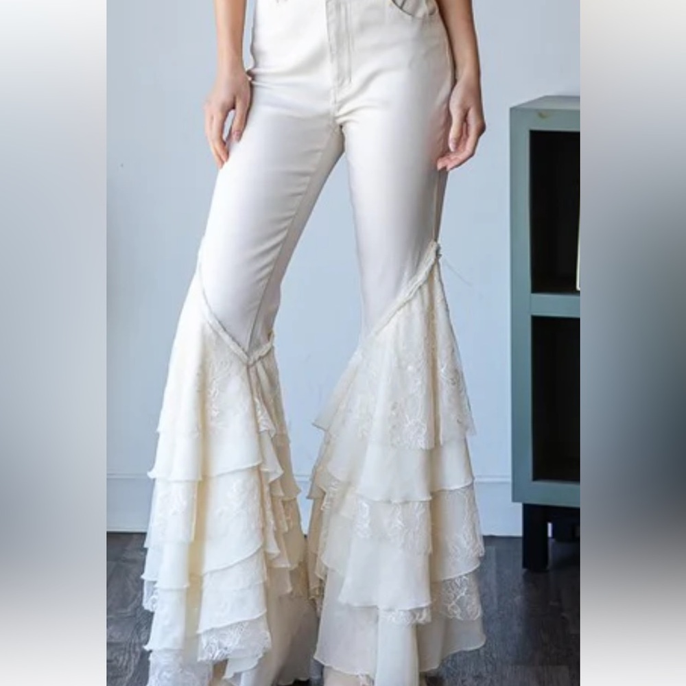 Blu B White Flared denim & lace tiered pants